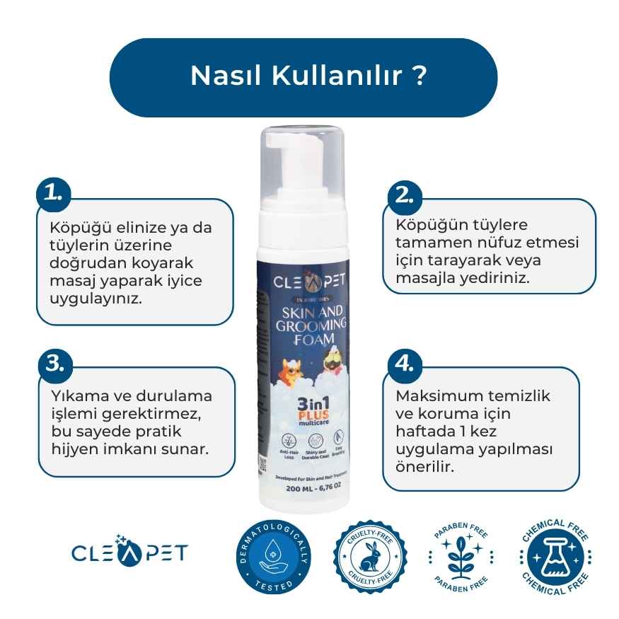 Tüy Dökülme Önleyici Nano Kuru Köpük Şampuan Kedi & Köpek – 200 ml