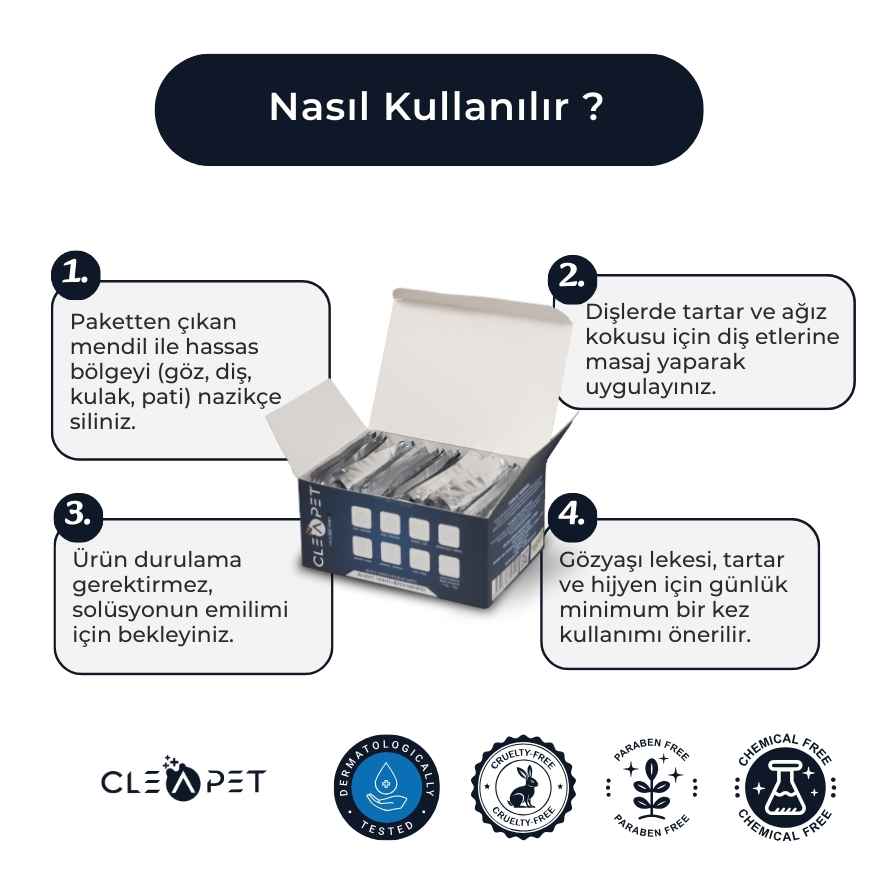 Göz, Kulak, Ağız, Diş, Pati ve Tüm Vücut İçin Nano Steril Hijyen Mendil 30'lu-Kedi-Köpek