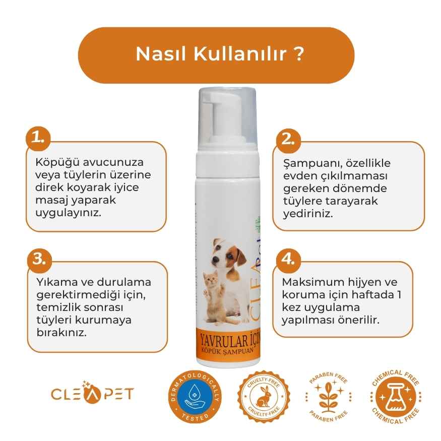 Yavru Kedi & Köpek İçin Nano Antibakteriyel Kuru Köpük Şampuan – 200 ml